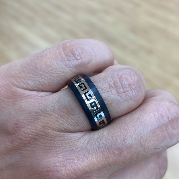 8mm Men Women Tungsten Ring Black Yellow IP plated Dome Greek Key Inlay - Picture 2 of 8